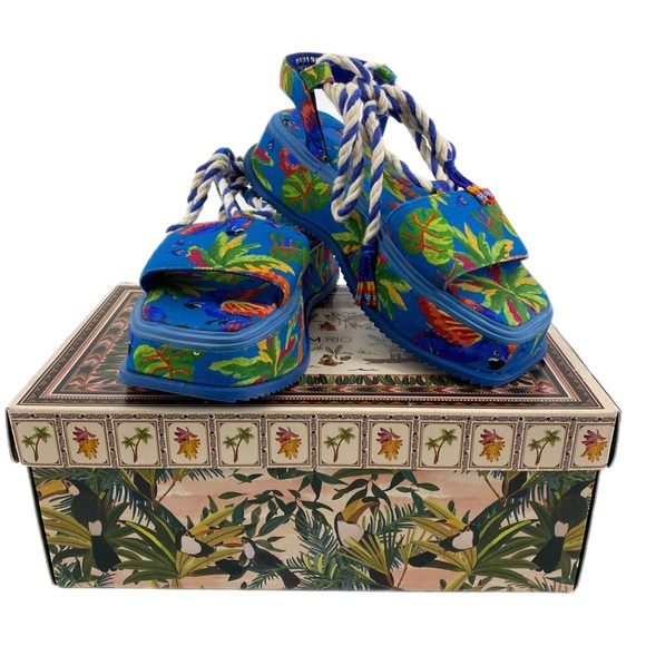 FARM Rio Shoes - FARM Rio Blue Macaw Ankle Tie Platform Sandals